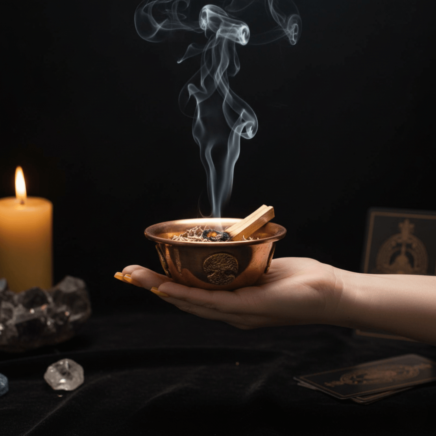 Coupe en cuivre Arbre de Vie tenue en main, fumigation rituelle et ambiance mystique.