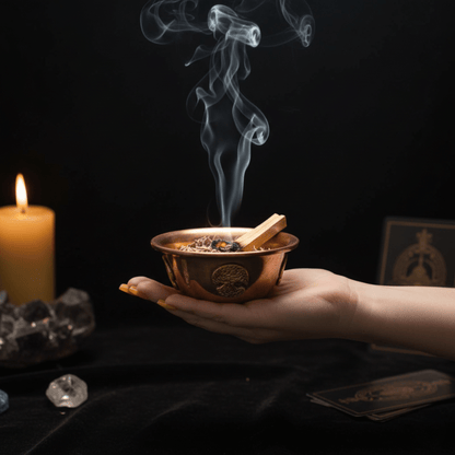 Coupe en cuivre Arbre de Vie tenue en main, fumigation rituelle et ambiance mystique.