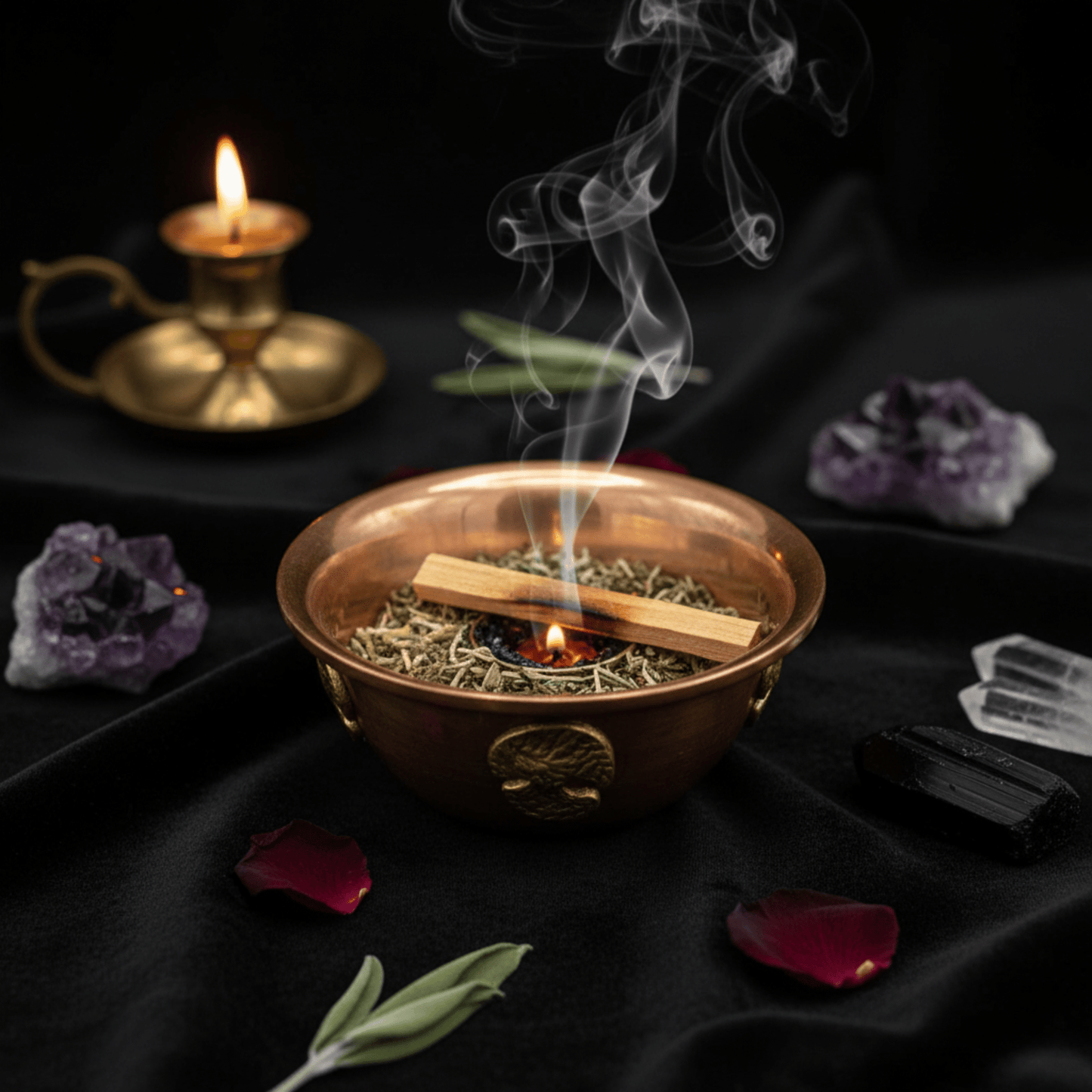 Coupe en cuivre antique Arbre de Vie avec fumigation d’herbes, rituel ésotérique sur autel sombre.