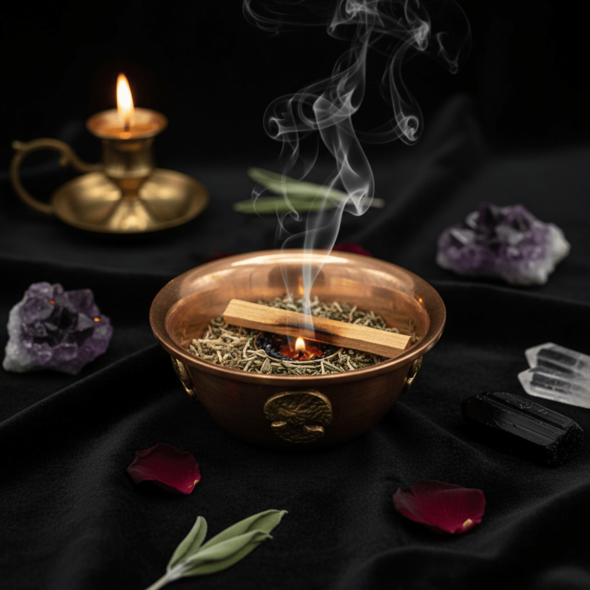 Coupe en cuivre antique Arbre de Vie avec fumigation d’herbes, rituel ésotérique sur autel sombre.