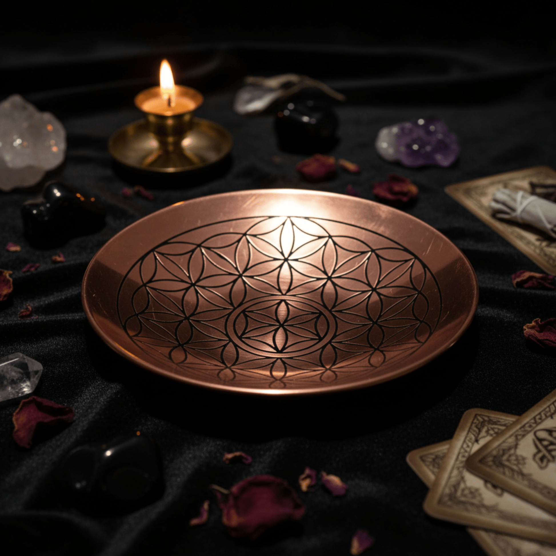 Coupe d’offrande en cuivre gravée Fleur de Vie, idéale pour rituels et fumigation