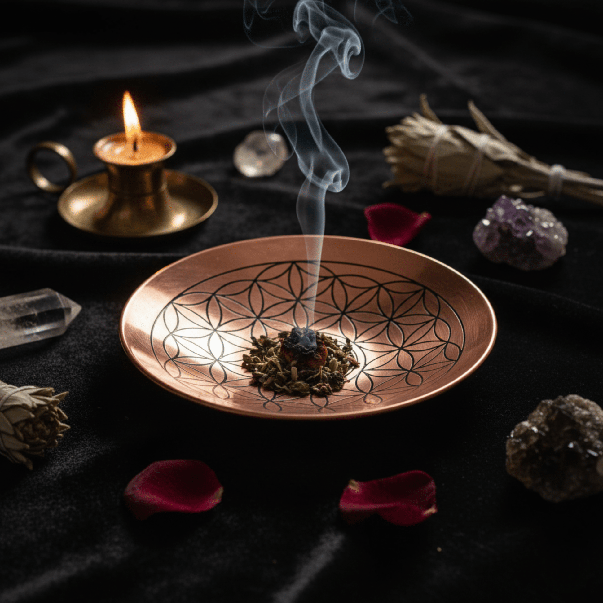 Coupe d’offrande en cuivre gravée Fleur de Vie, idéale pour rituels et fumigation