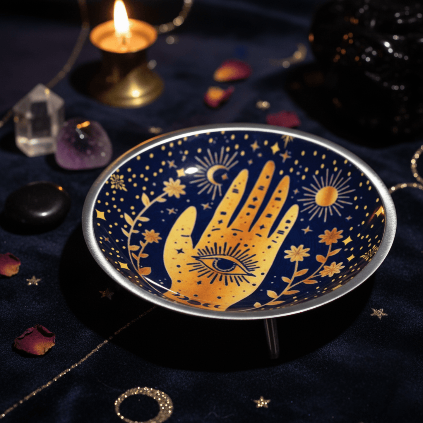 Coupe d’offrande Hamsa bleu nuit émaillée, bol rituel ésotérique avec symboles dorés pour autel Wicca.
