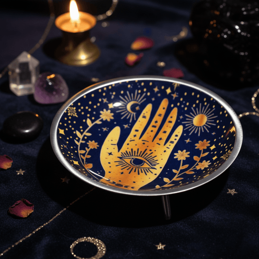 Coupe d’offrande Hamsa bleu nuit émaillée, bol rituel ésotérique avec symboles dorés pour autel Wicca.