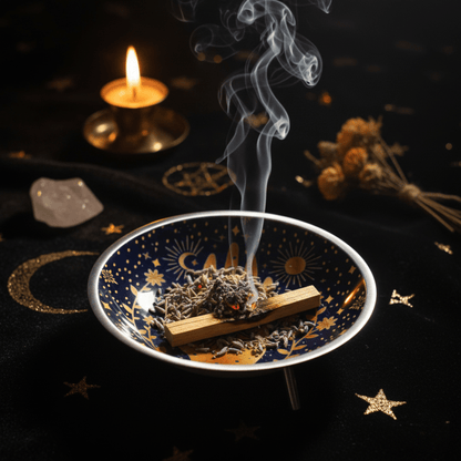 Coupe Hamsa bleu nuit avec encens fumant, bol rituel pour purification et pratiques spirituelles Wicca.