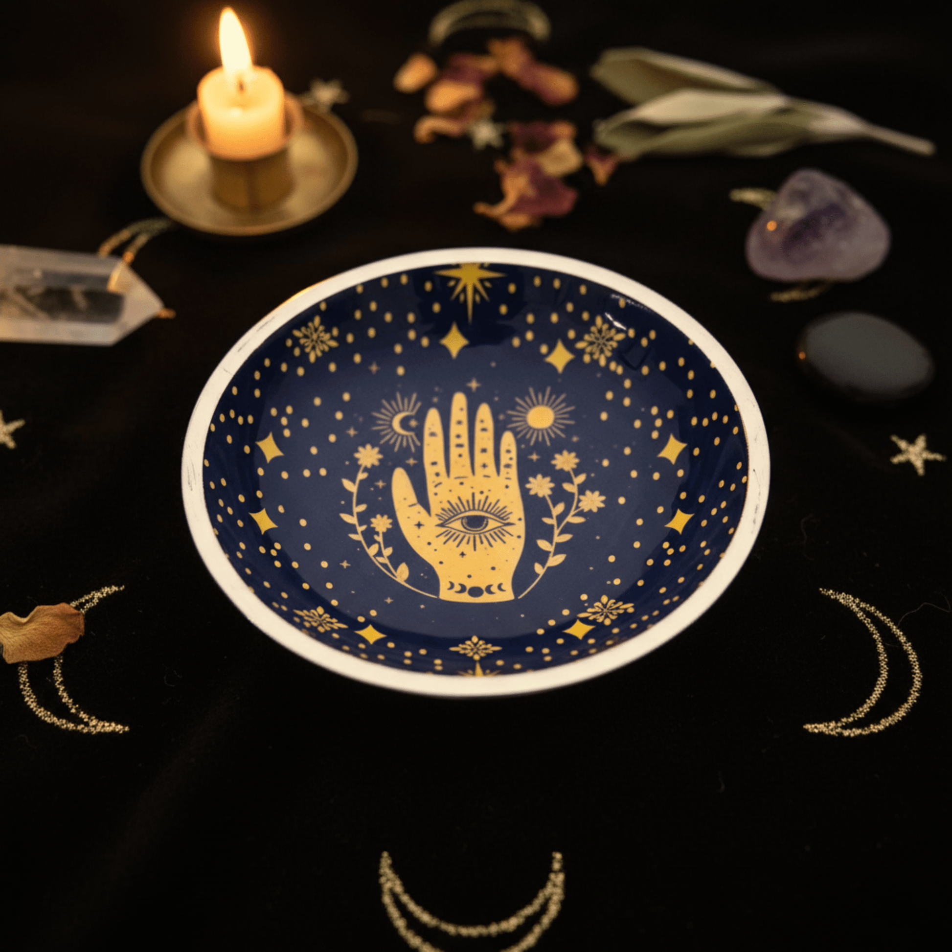 Coupe rituelle Hamsa bleu nuit, bol mystique doré pour offrandes, encens et rituels Wicca.