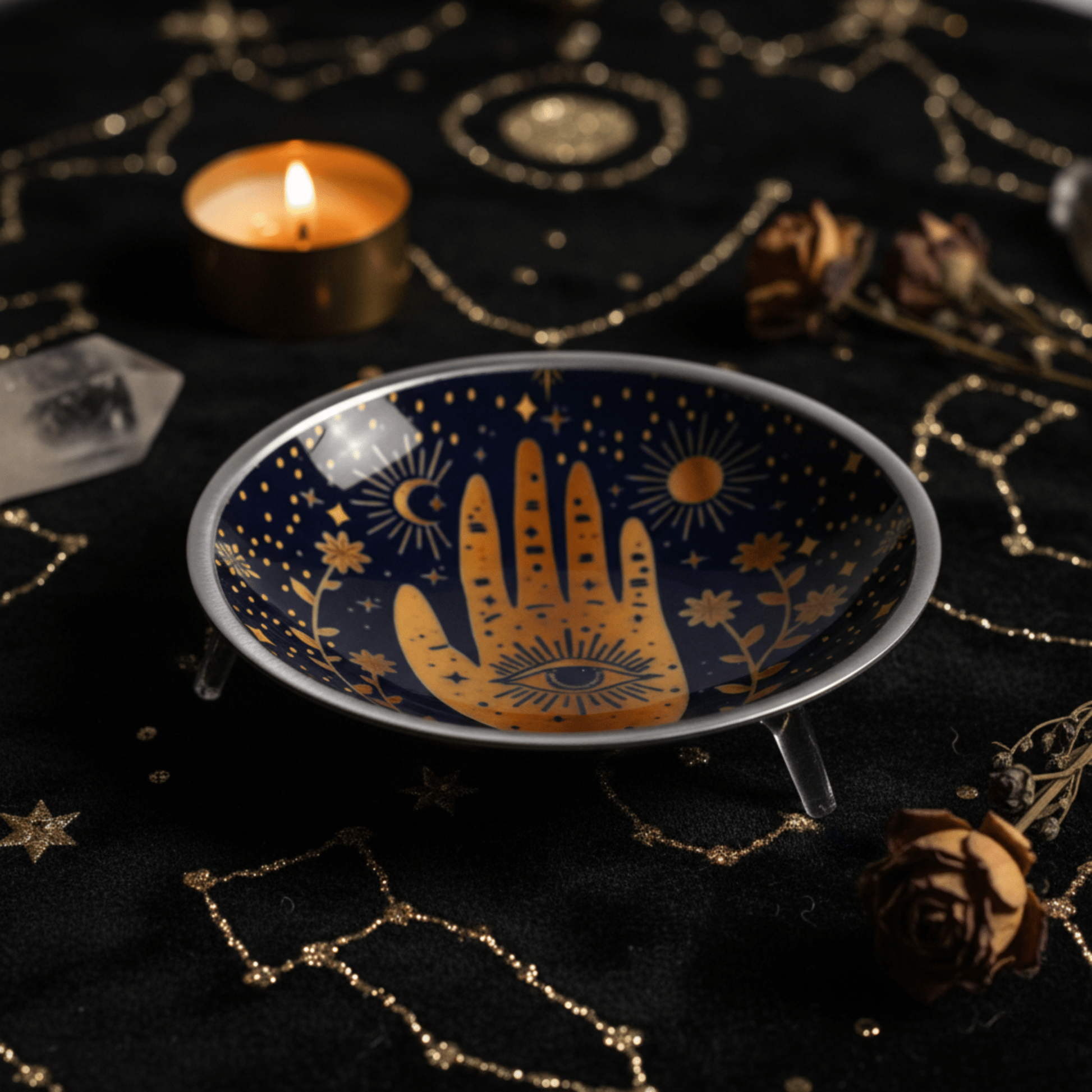 Bol rituel Hamsa dorée sur tissu étoilé, coupe d’offrande mystique pour autel et rituels ésotériques.
