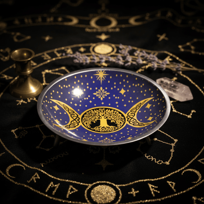 Coupe rituelle Triple Lune bleu nuit et or avec Arbre de Vie, présentée sur un autel ésotérique avec bougeoir et quartz.