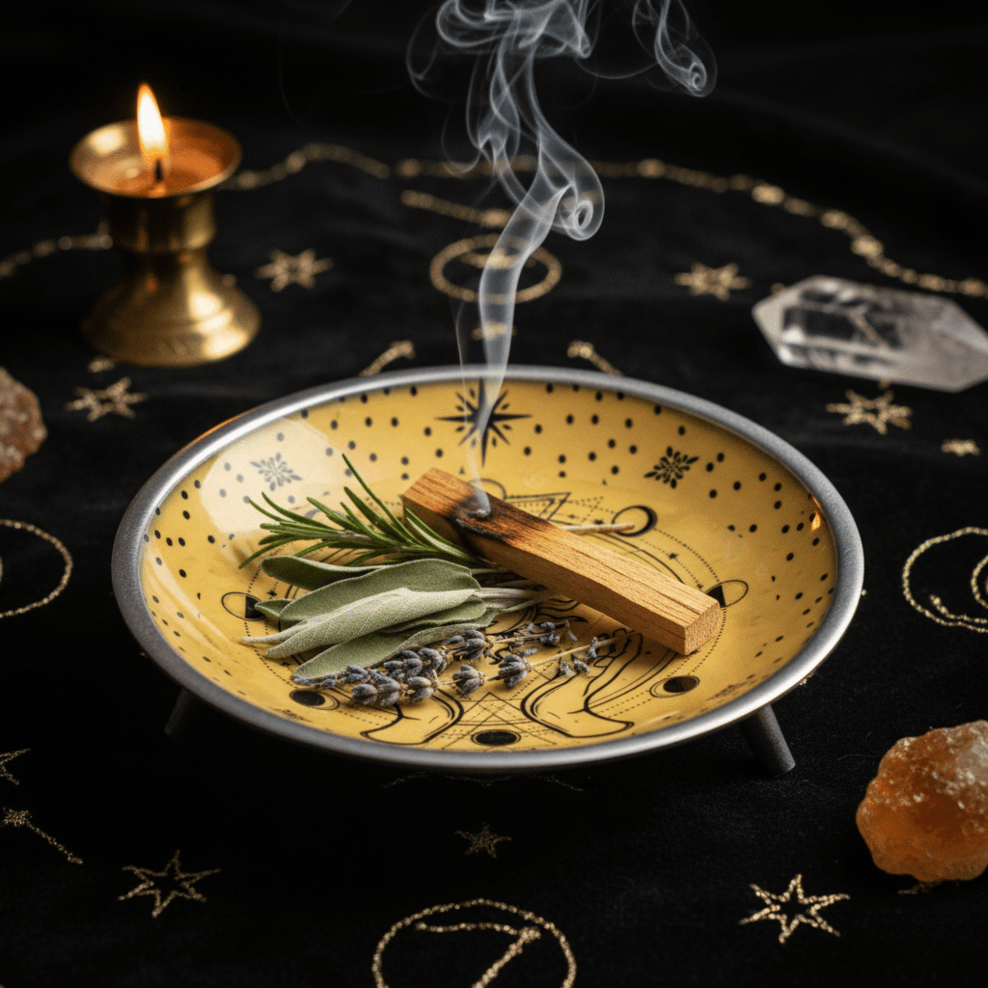 Bol rituel Soleil utilisé pour brûler encens et herbes sacrées, coupe trépied ésotérique jaune sur autel.