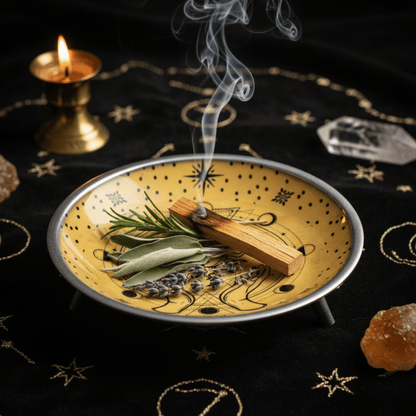 Bol rituel Soleil utilisé pour brûler encens et herbes sacrées, coupe trépied ésotérique jaune sur autel.