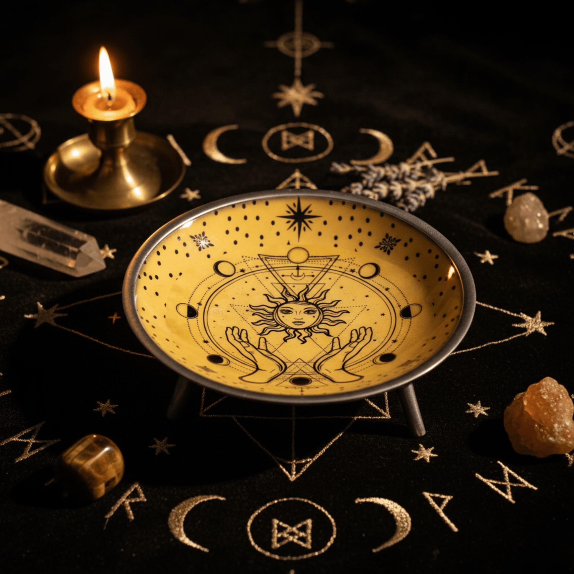 Coupe d’offrande solaire sur autel wicca, bol jaune à symboles mystiques avec bougie et cristaux.