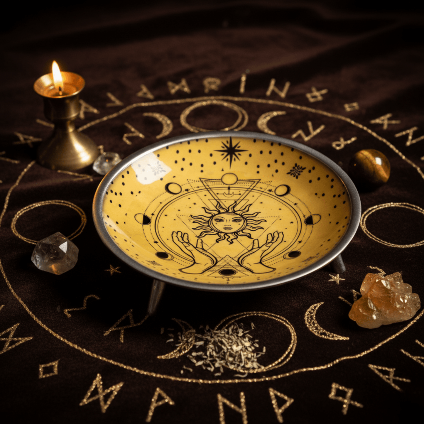 Coupe rituelle trépied Soleil pour offrandes, bol ésotérique jaune décoré de symboles solaires et mains sur autel wicca.