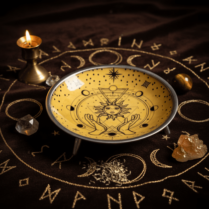 Coupe rituelle trépied Soleil pour offrandes, bol ésotérique jaune décoré de symboles solaires et mains sur autel wicca.
