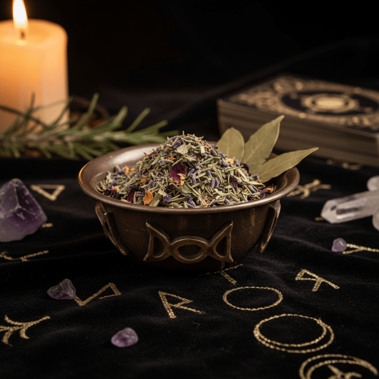 Coupe Triple Lune en cuivre chargée d’un mélange d’herbes rituelles, entourée d’améthystes, cristaux et bougie allumée.
