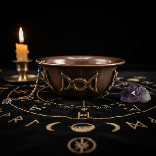 Coupe Triple Lune en cuivre antique posée sur un tissu rituel noir avec rune dorée, bougie allumée et géode d’améthyste.