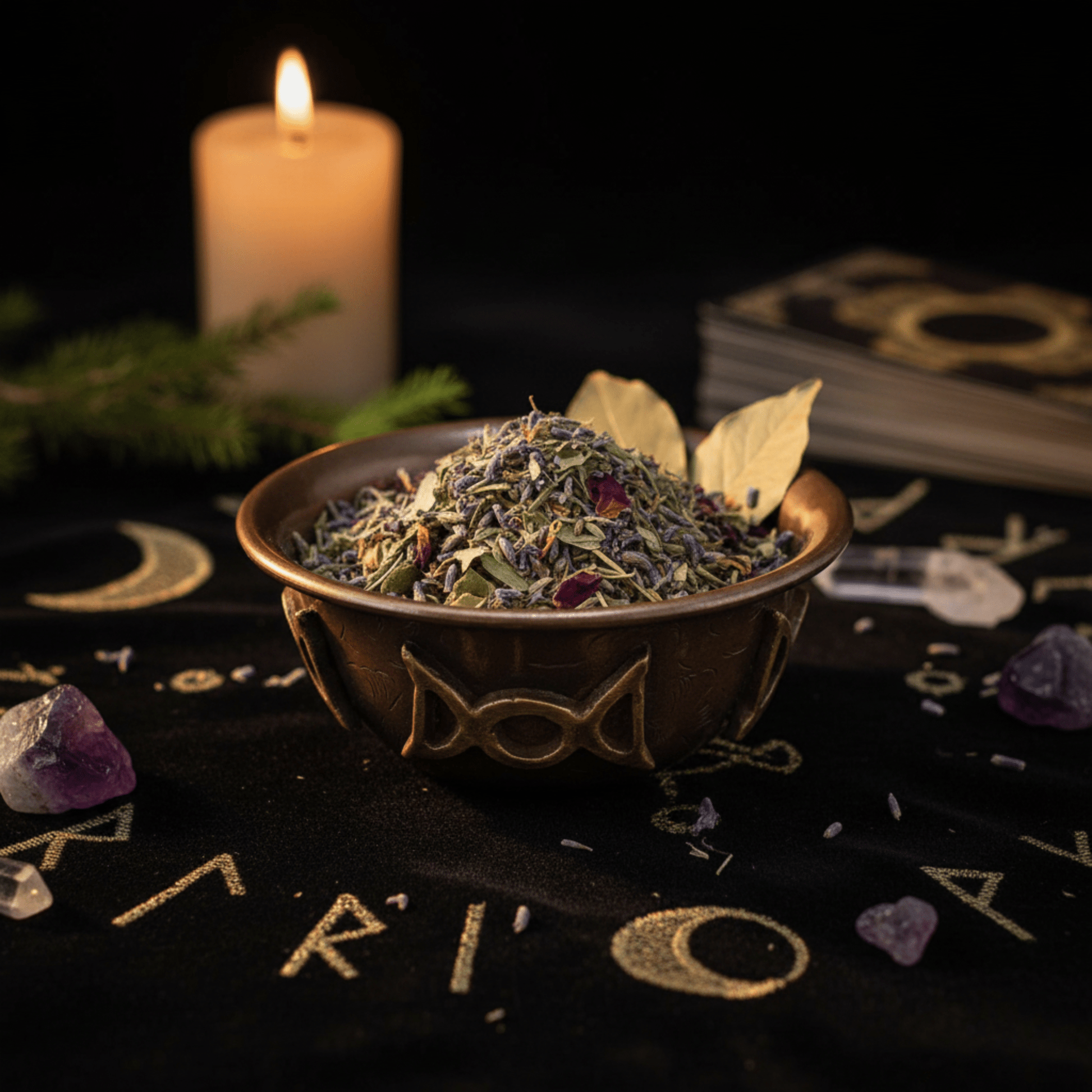 Coupe en cuivre Triple Lune remplie d’herbes magiques, posée sur un tissu noir décoré de runes dorées et cristaux.