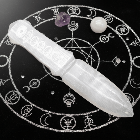 Couteau rituel en sélénite blanche avec gravure des 7 chakras, posé sur un cercle magique argenté.