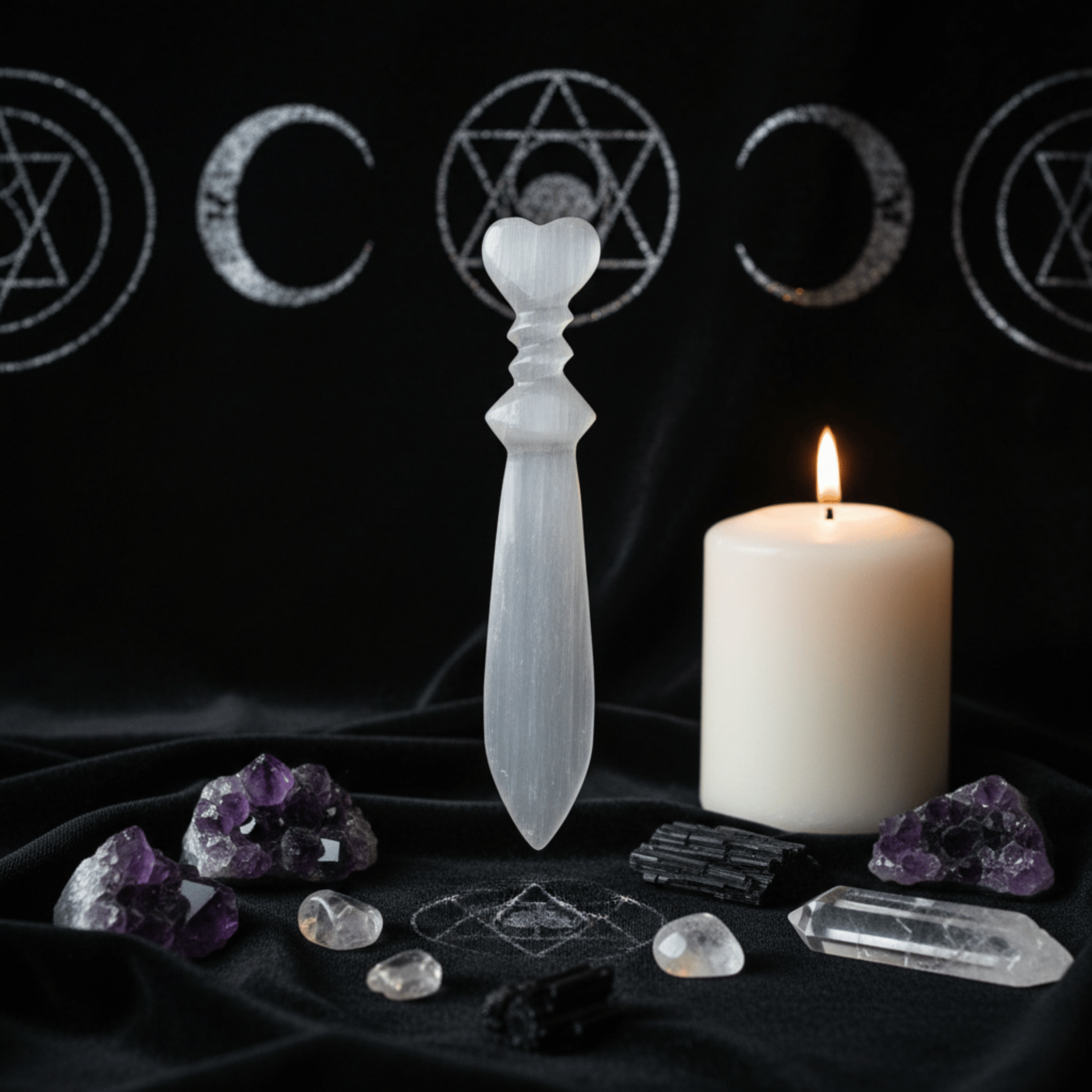 Couteau rituel en Sélénite cœur, outil pour rituels, magie blanche, autel wicca et travail énergétique avec cristaux