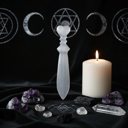Couteau rituel en Sélénite cœur, outil pour rituels, magie blanche, autel wicca et travail énergétique avec cristaux