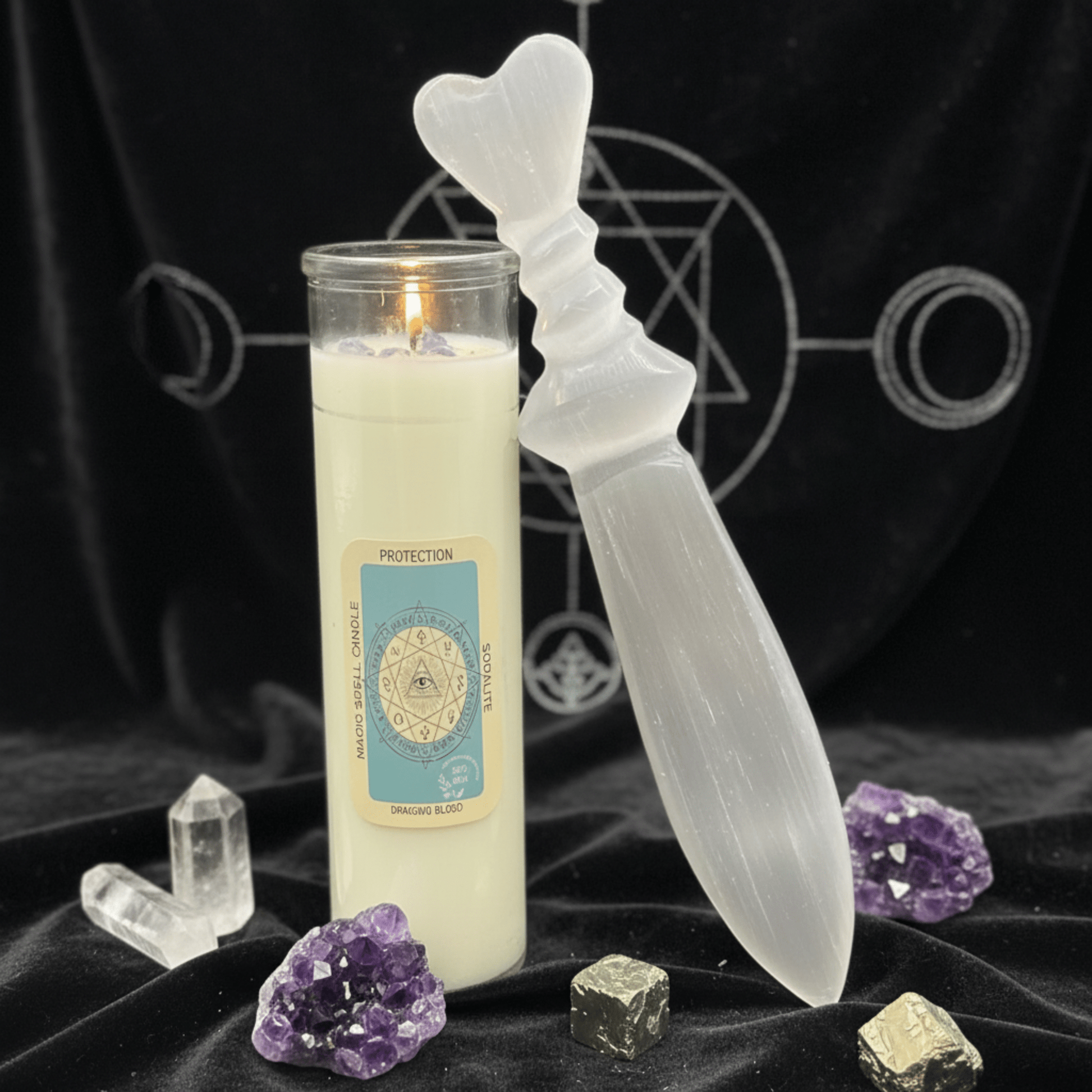 Couteau en Sélénite pour rituel avec bougie de protection, accessoire pour coupures énergétiques et pratiques spirituelles