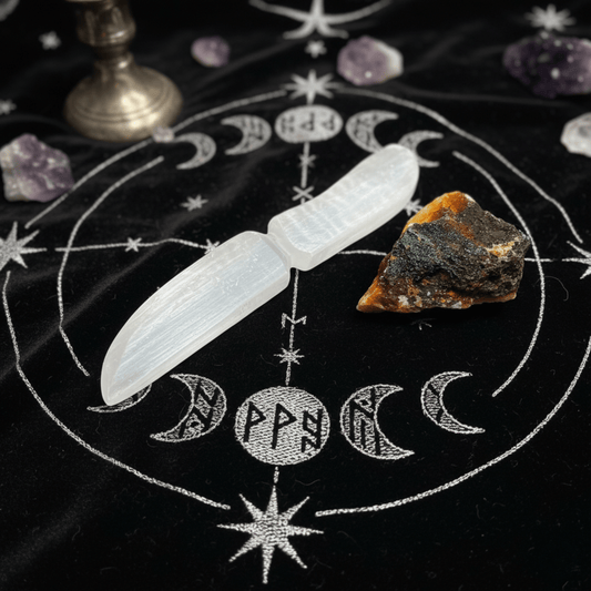 Couteau rituel en Sélénite blanche sur autel wicca, outil énergétique pour rituels, purification et magie blanche