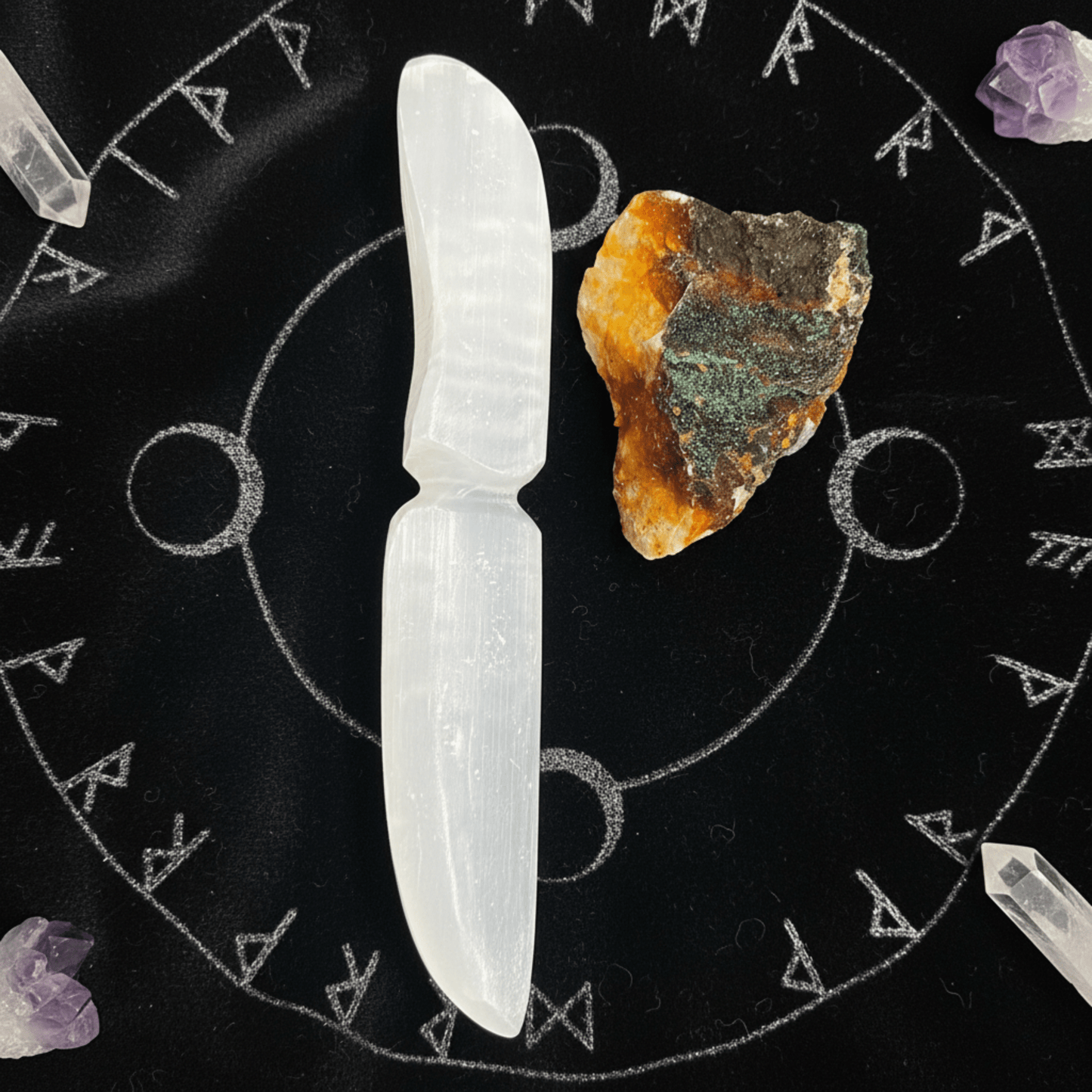 Couteau en Sélénite blanche vu du dessus, outil rituel pour coupures énergétiques, autel ésotérique et pratiques wicca