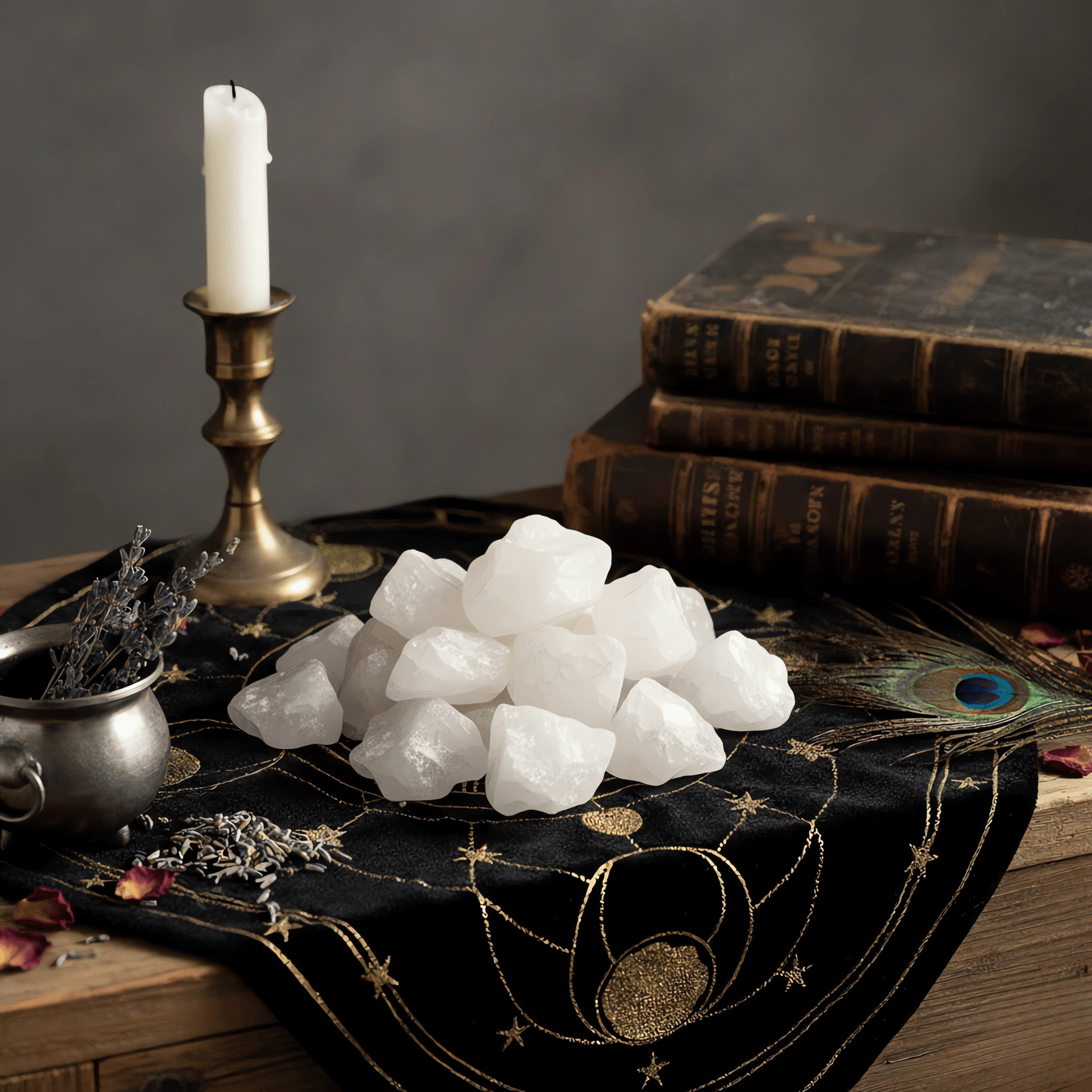 Cristaux de roche bruts sur autel mystique, pierre de clarté et lumière pour rituels et méditation.