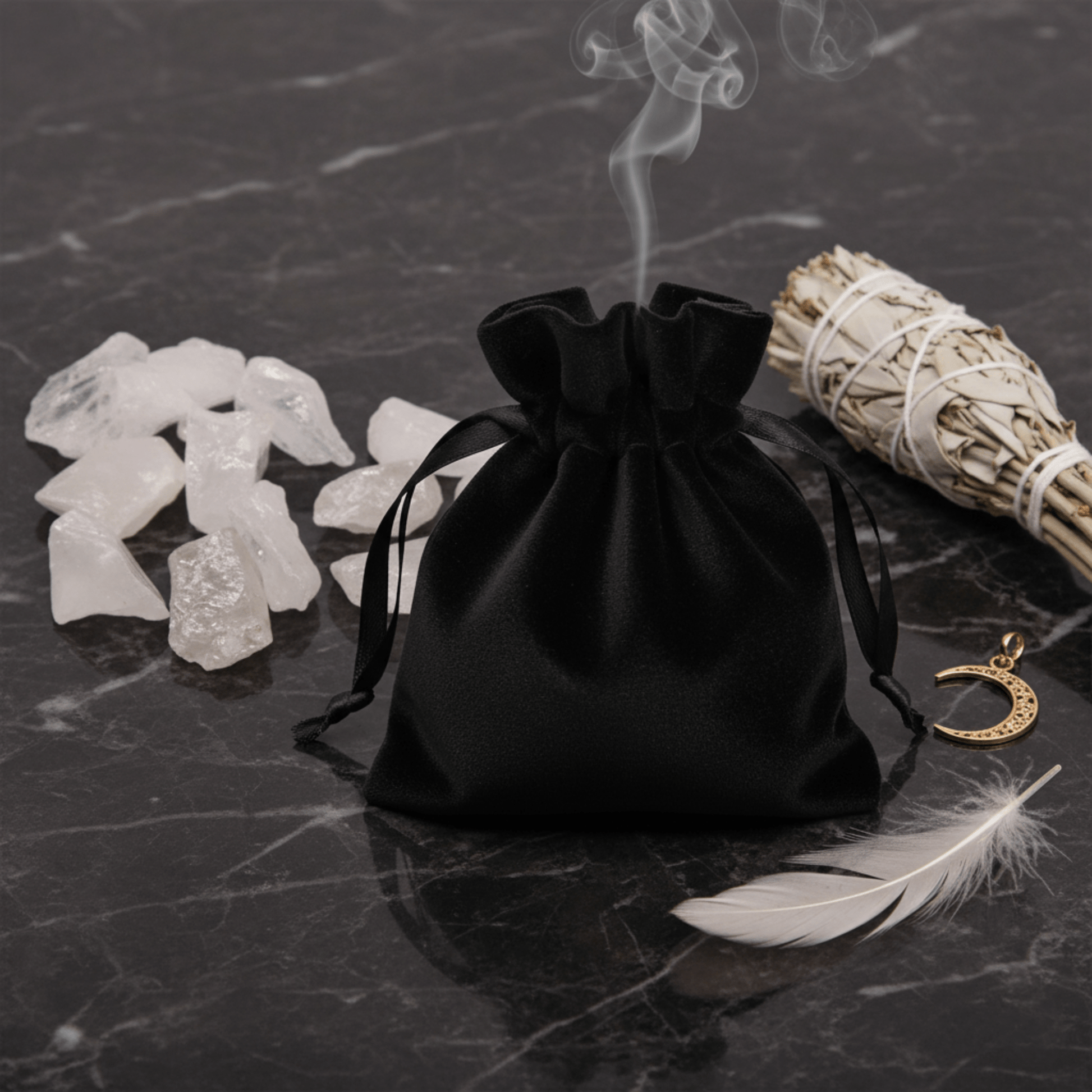 Cristaux de roche brut avec pochette noire et sauge, pierre de purification et d’harmonisation.