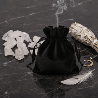 Cristaux de roche brut avec pochette noire et sauge, pierre de purification et d’harmonisation.