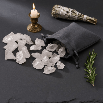 Éclats de cristaux de roche brut pour rituels, purification énergétique et élévation vibratoire.