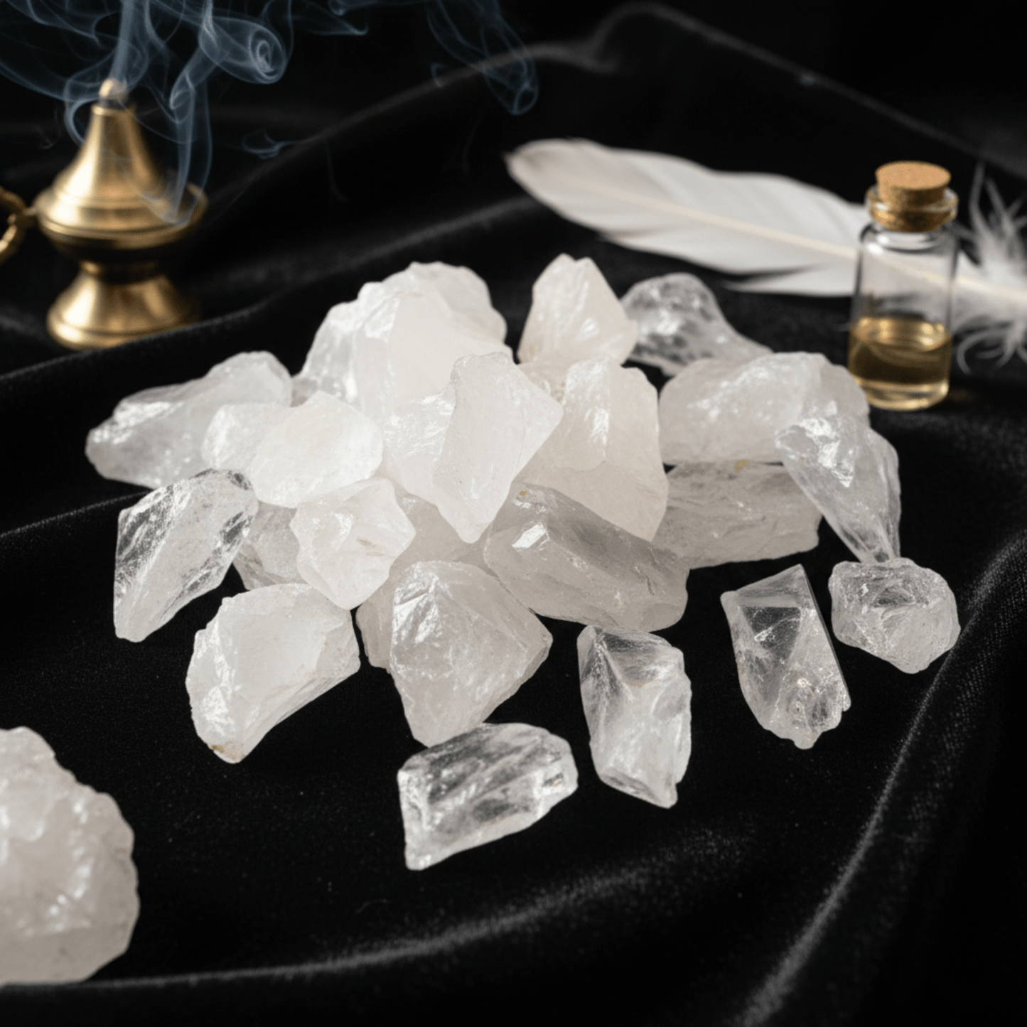 Cristaux de roche brut naturel pour purification et clarté, présenté sur tissu noir avec encens fumant.