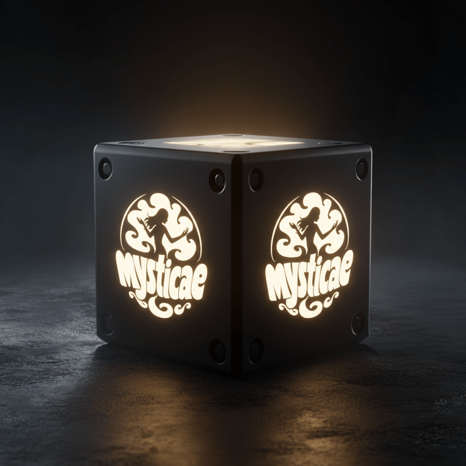 Cube lumineux Mysticae noir avec logo ésotérique illuminé, objet décoratif mystique idéal pour ambiance magique et rituels.