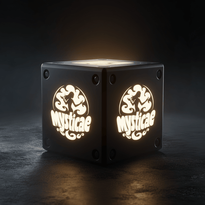 Cube lumineux Mysticae noir avec logo ésotérique illuminé, objet décoratif mystique idéal pour ambiance magique et rituels.