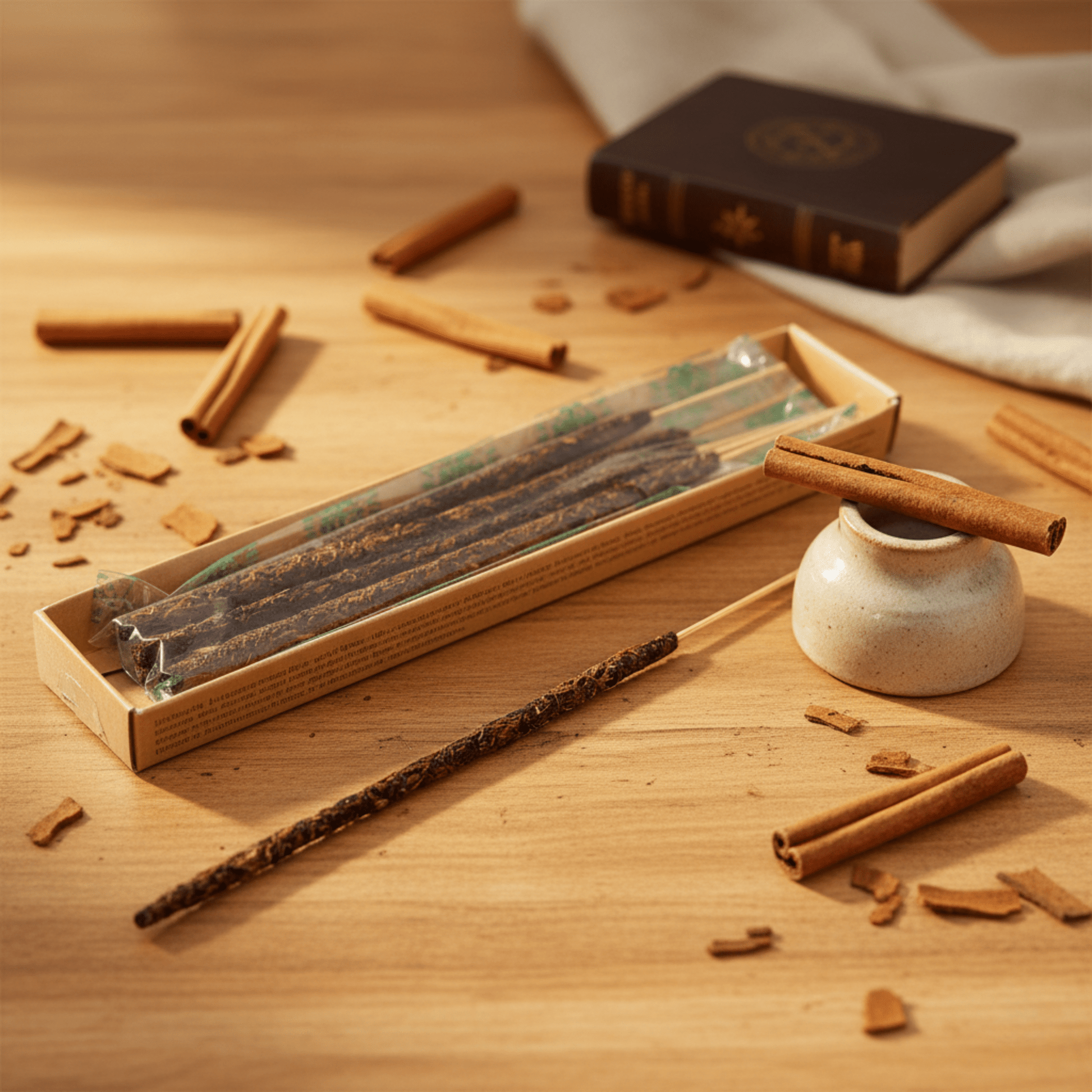 Bâtons d’encens naturel cannelle exposés avec épices et porte-encens, ambiance chaleureuse et artisanale indienne.