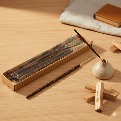 Bâtons d’encens Palo Santo naturels avec porte-encens en céramique, bois sacré et ambiance zen.