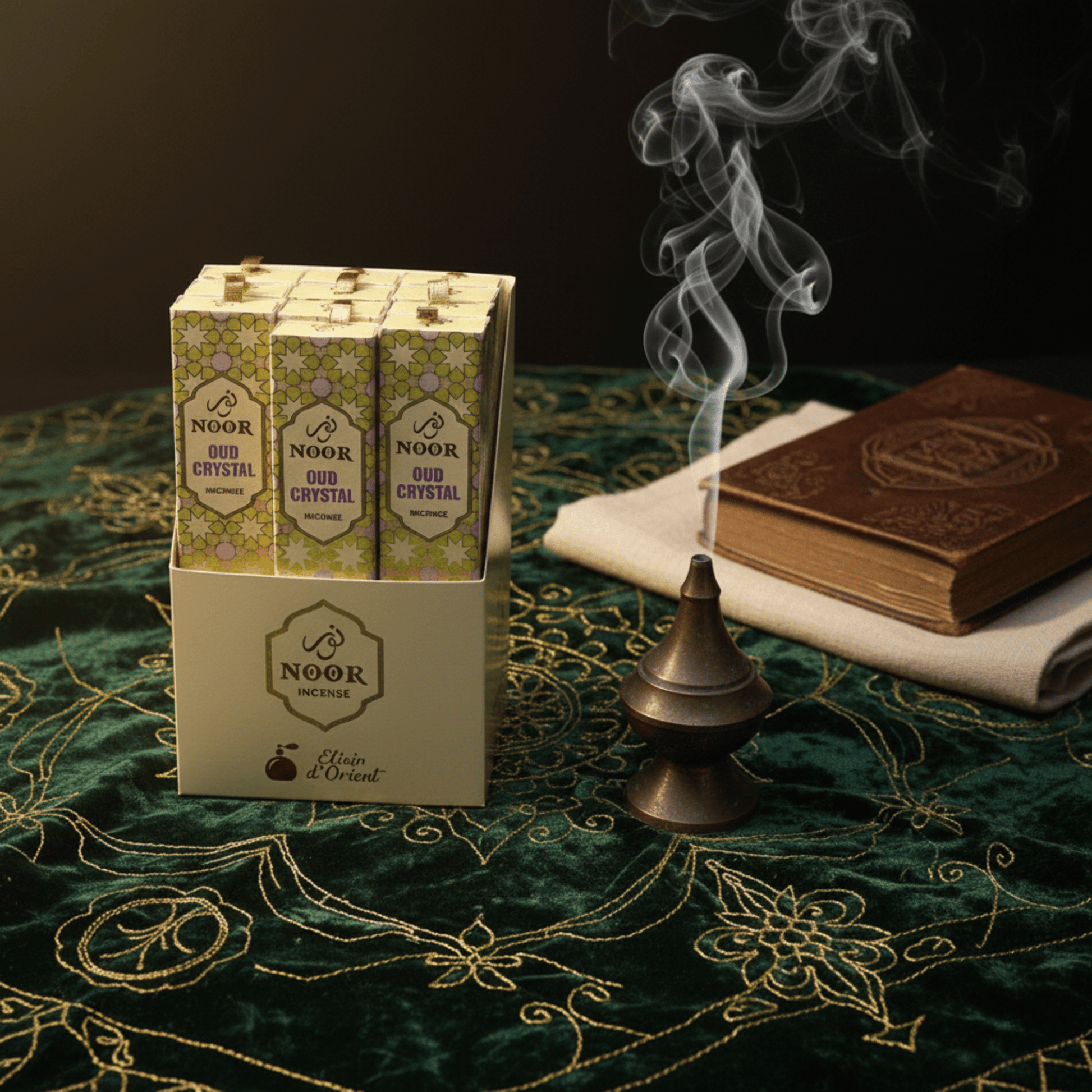 Encens Noor Oud Crystal en présentoir crème avec fumée d’encens, ambiance orientale mystique et décor traditionnel doré.
