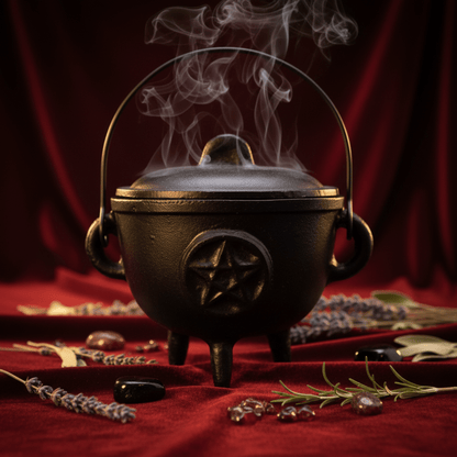 Chaudron rituel en fonte avec couvercle et pentacle, fumée mystique et herbes, accessoire wiccan de magie.