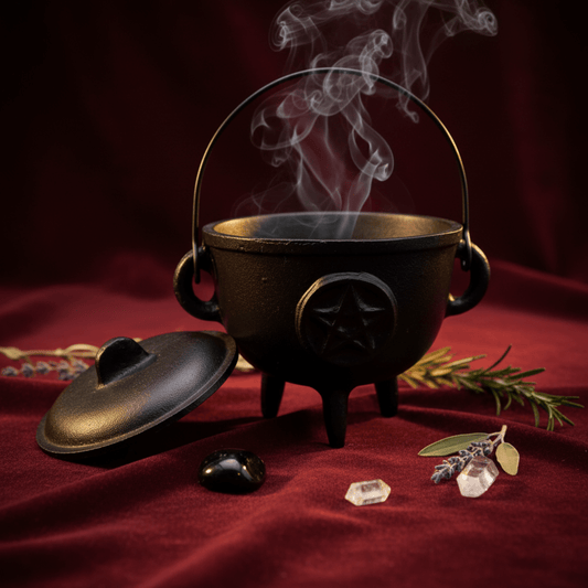 Grand chaudron pentacle en fonte avec herbes fumantes sur tissu rouge, outil rituel wicca pour purification.