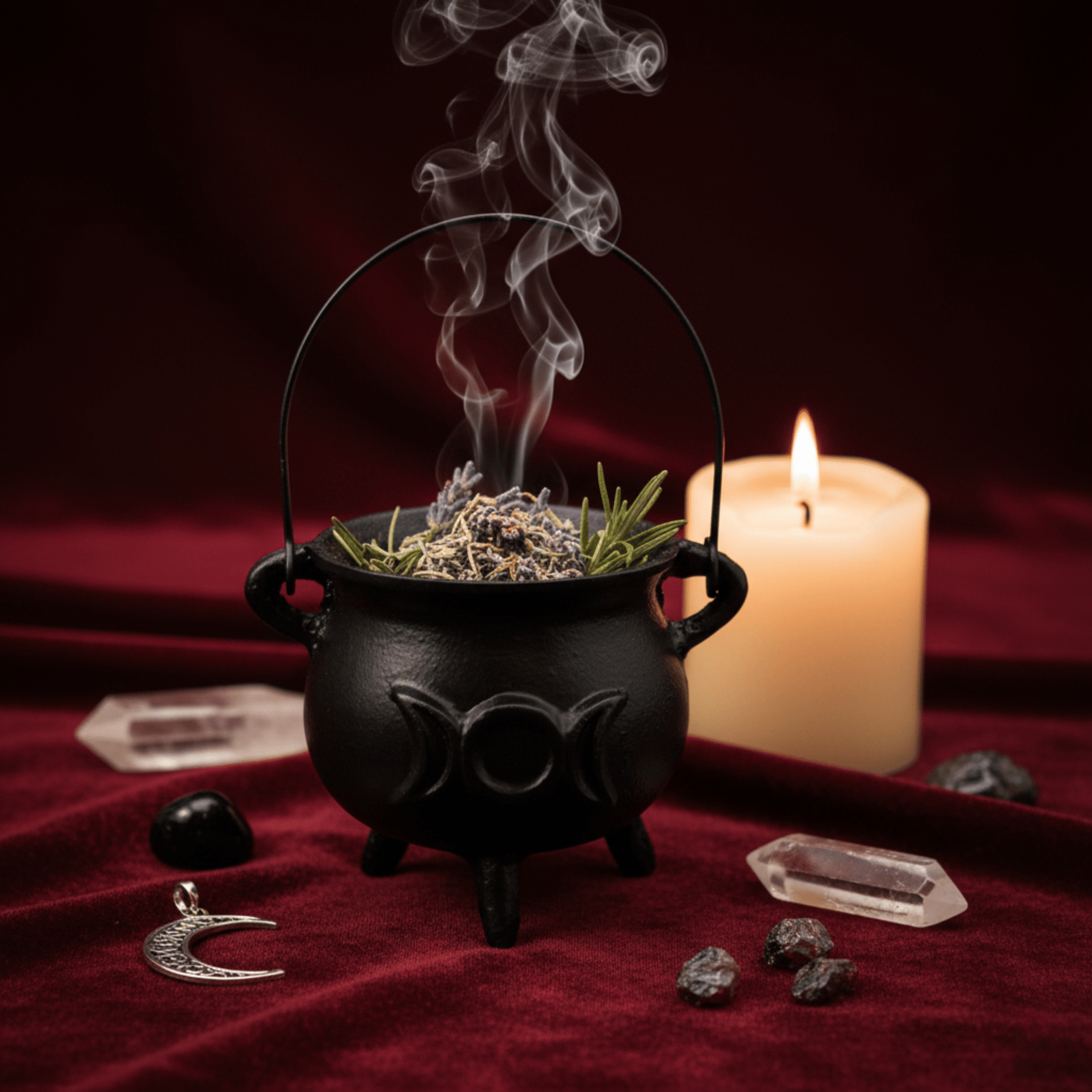 Chaudron wicca en fonte Triple Lune avec herbes fumigatoires, idéal pour rituels et magie lunaire.
