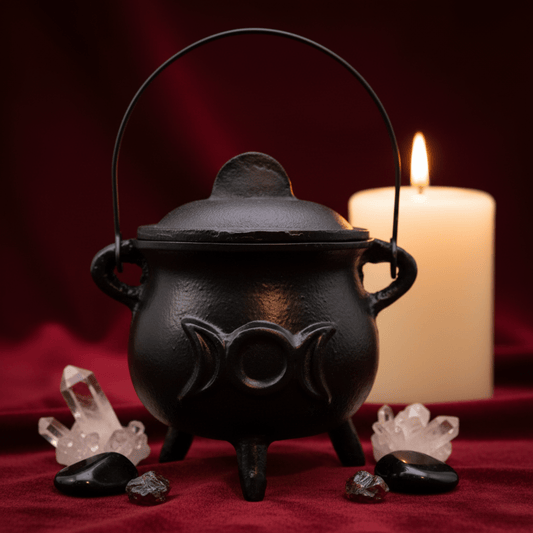 Grand chaudron rituel en fonte noire Triple Lune avec cristaux et bougie, accessoire wicca pour fumigation.