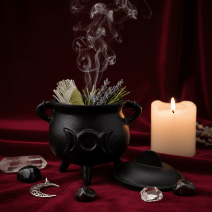 Grand chaudron Triple Lune rempli de plantes pour fumigation, rituel wicca avec bougie et cristaux.