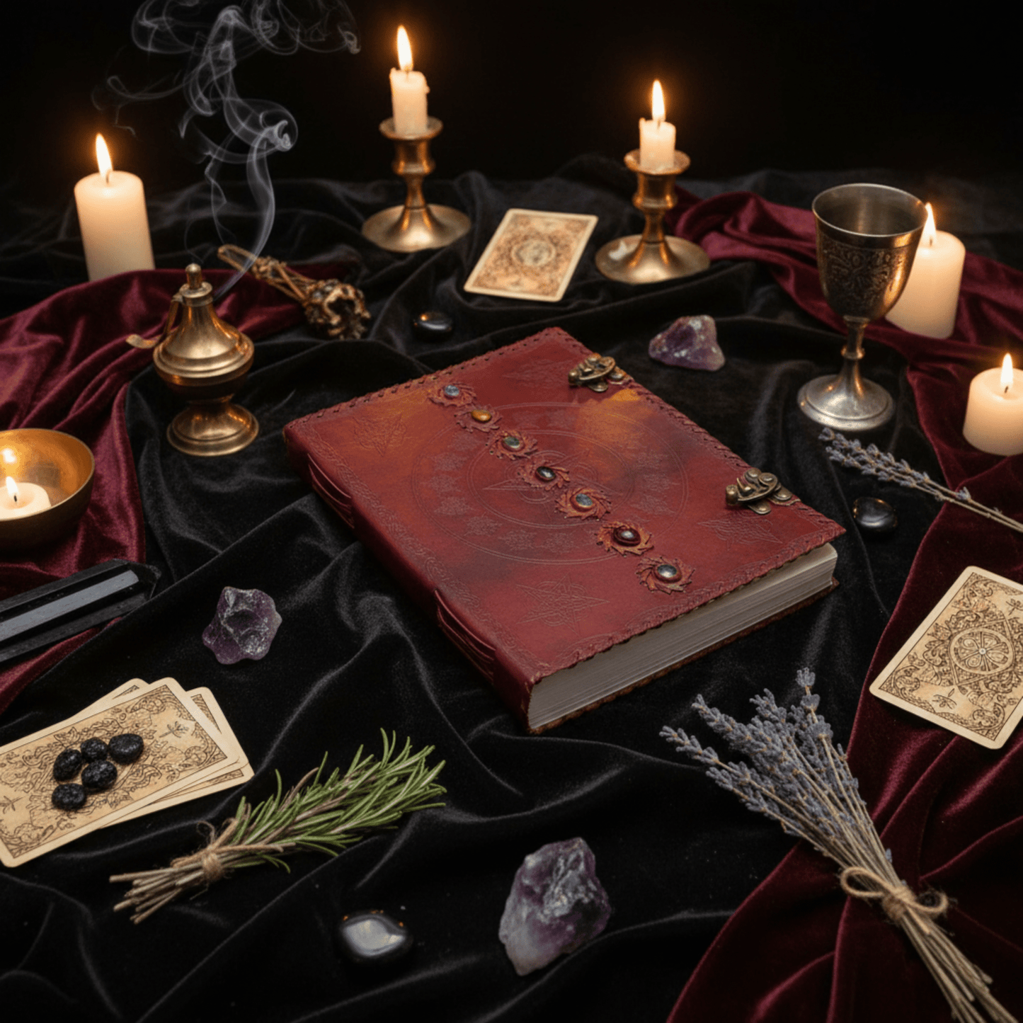Grimoire cuir rouge 7 Chakras avec pierres, posé sur autel rituel avec bougies, encens et cristaux.