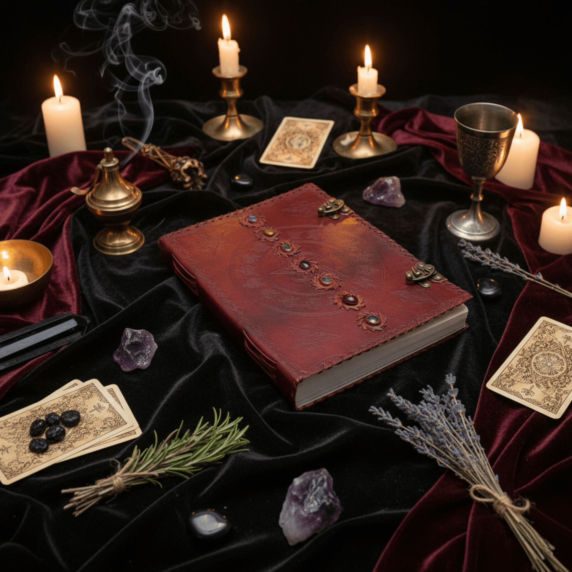 Grimoire cuir rouge 7 Chakras avec pierres, posé sur autel rituel avec bougies, encens et cristaux.