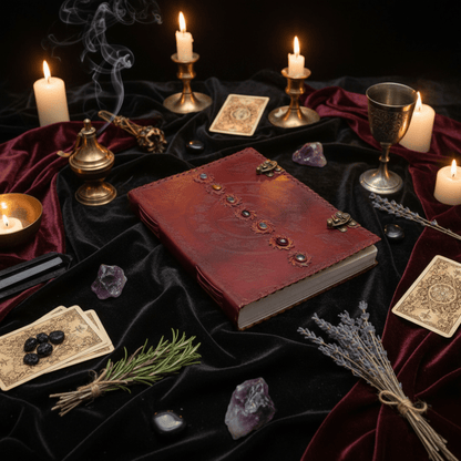Grimoire cuir rouge 7 Chakras avec pierres, posé sur autel rituel avec bougies, encens et cristaux.