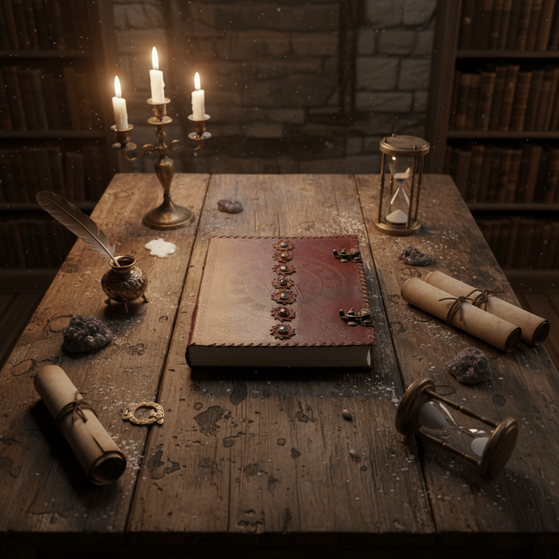 Grimoire artisanal 7 Chakras en cuir rouge sur table en bois, entouré de cristaux et de parchemins.