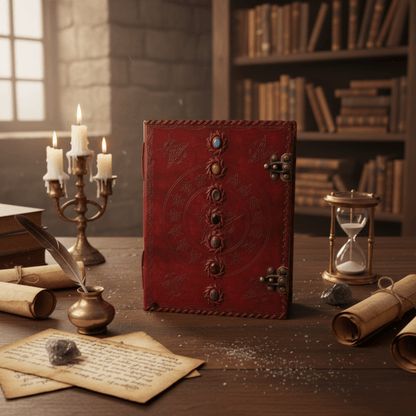 Grimoire 7 Chakras en cuir rouge avec pierres, posé sur un bureau ésotérique avec bougies et parchemins.