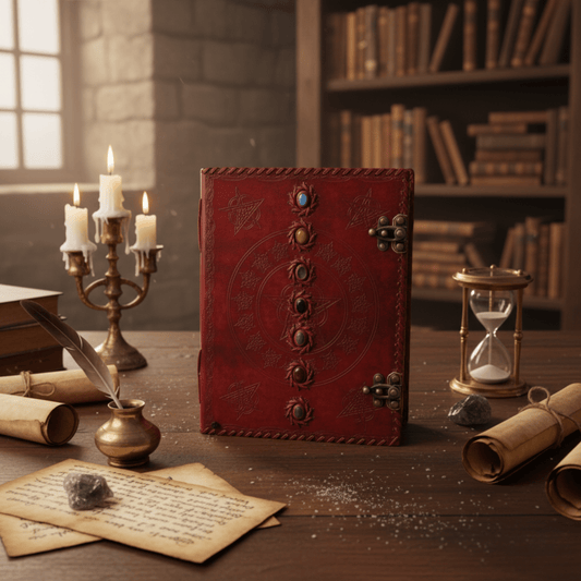 Grimoire 7 Chakras en cuir rouge avec pierres, posé sur un bureau ésotérique avec bougies et parchemins.