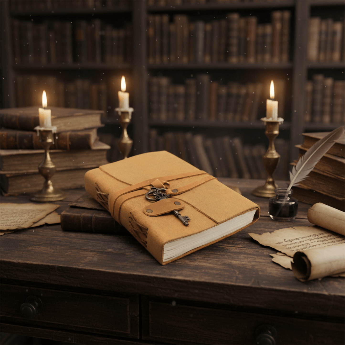 Grimoire en cuir ambré huilé avec clé vintage, posé sur une table en bois avec plume et manuscrits anciens.