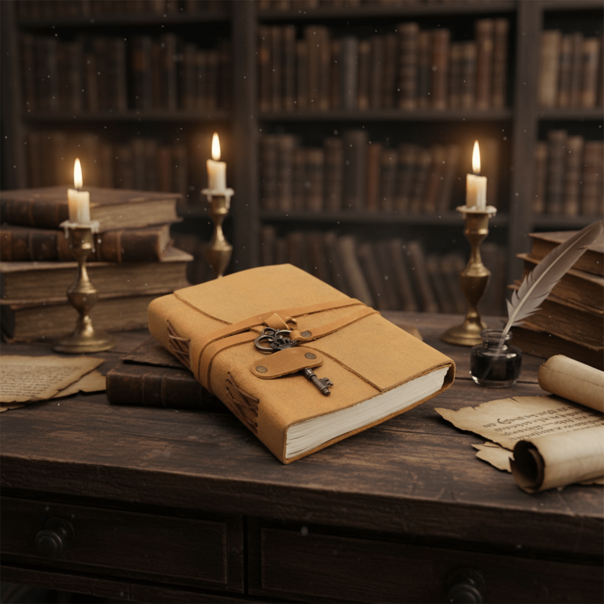 Grimoire en cuir ambré huilé avec clé vintage, posé sur une table en bois avec plume et manuscrits anciens.