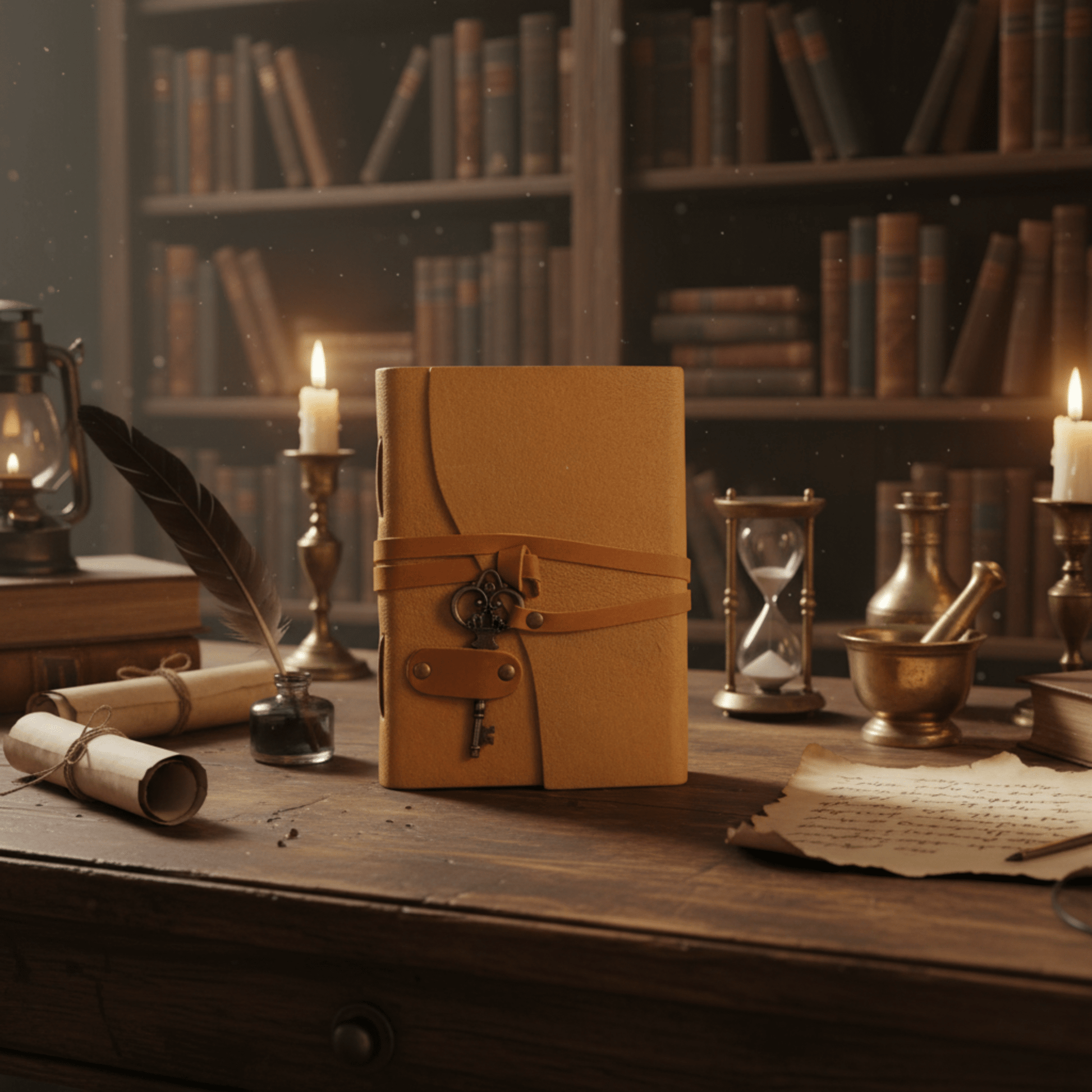 Grimoire en cuir ambré avec clé mystique, debout sur un bureau ancien dans une bibliothèque ésotérique.